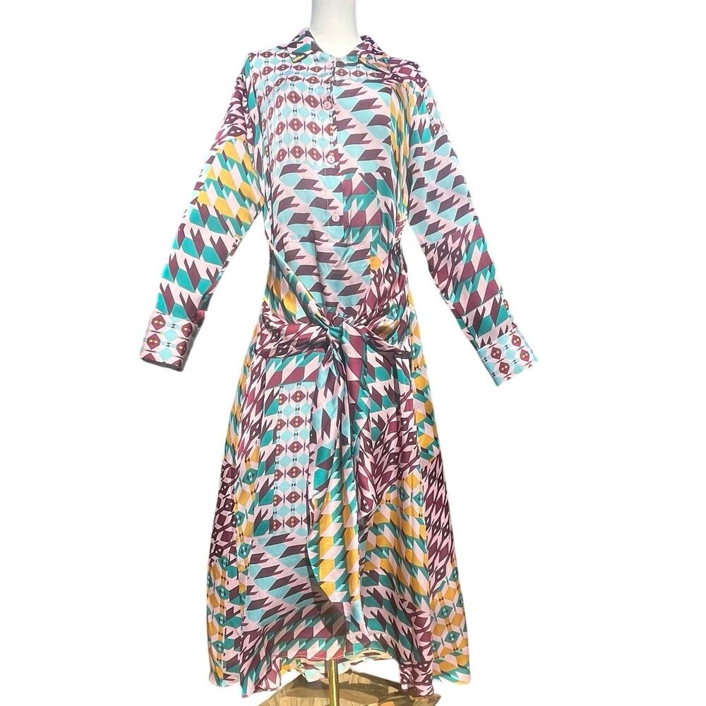 Aztec Patterned Maxi Dress Tie Waist Button Front Purple Multi Colored Flowy Xl